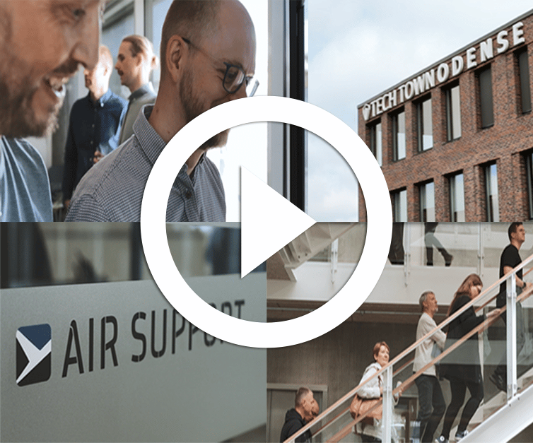 AIR SUPPORT Odense Development Play Image collage with four pictures from AIR SUPPORT's housewarming at the office in Odense and a "play" icon on top