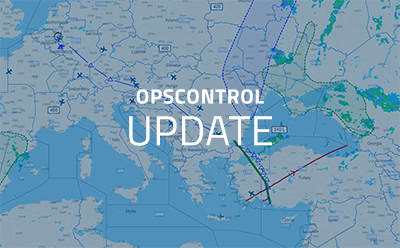 OpsControl Update A map displaying flight paths, weather patterns, and aircraft locations with the text overlay "OpsControl Update" in the center.