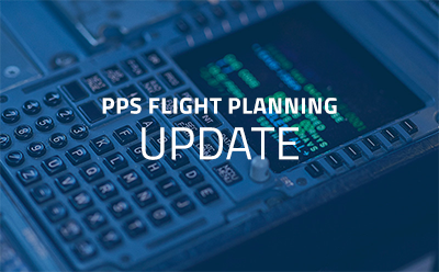 PPS Update Close-up of an avionics display with a focus on the words 'PPS Flight Planning Update', highlighting updates or notifications within an aircraft system.