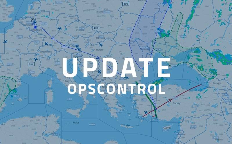 Update OpsControl A map displaying flight paths, weather patterns, and aircraft locations with the text overlay "OpsControl Update" in the center.