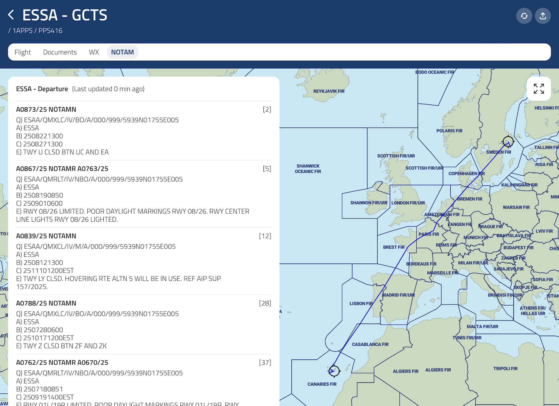 Image website article - NOTAM NOTAM list for ESSA-GCTS flight, displayed next to an interactive map of European FIR regions and airspace boundaries.