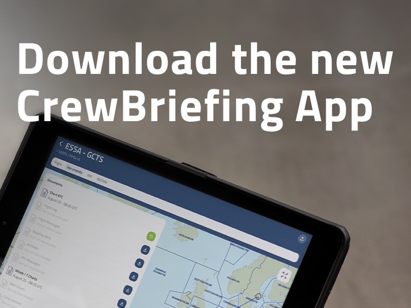 Webbanner 800x600 Banner with text: Download the new CrewBriefing App. Tablet shows map route from Stockholm (ESSA) to Tenerife (GCTS).